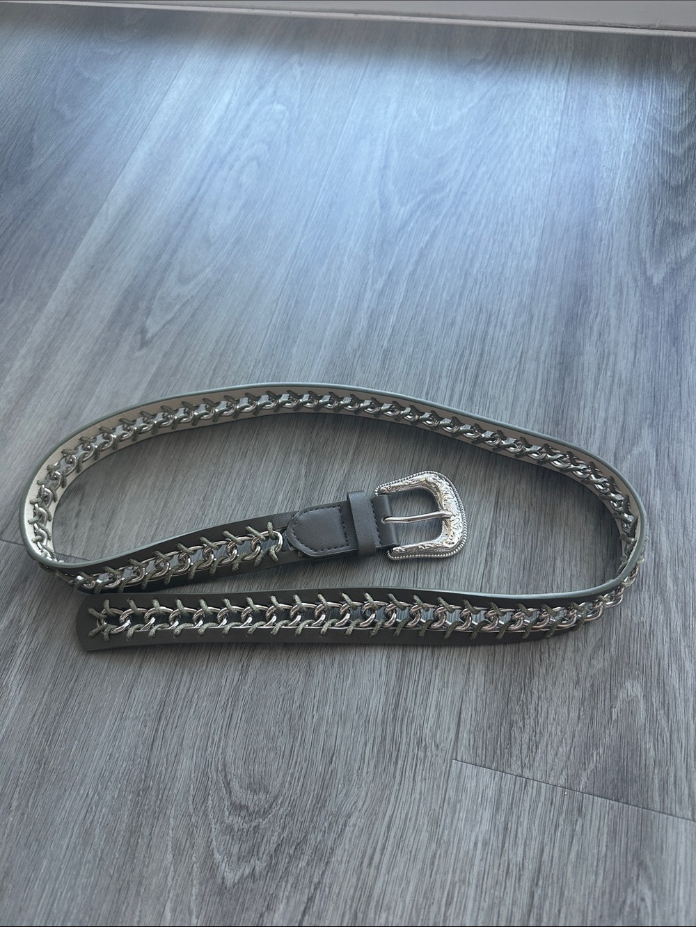 Leather Belt with Silver Chain Accent